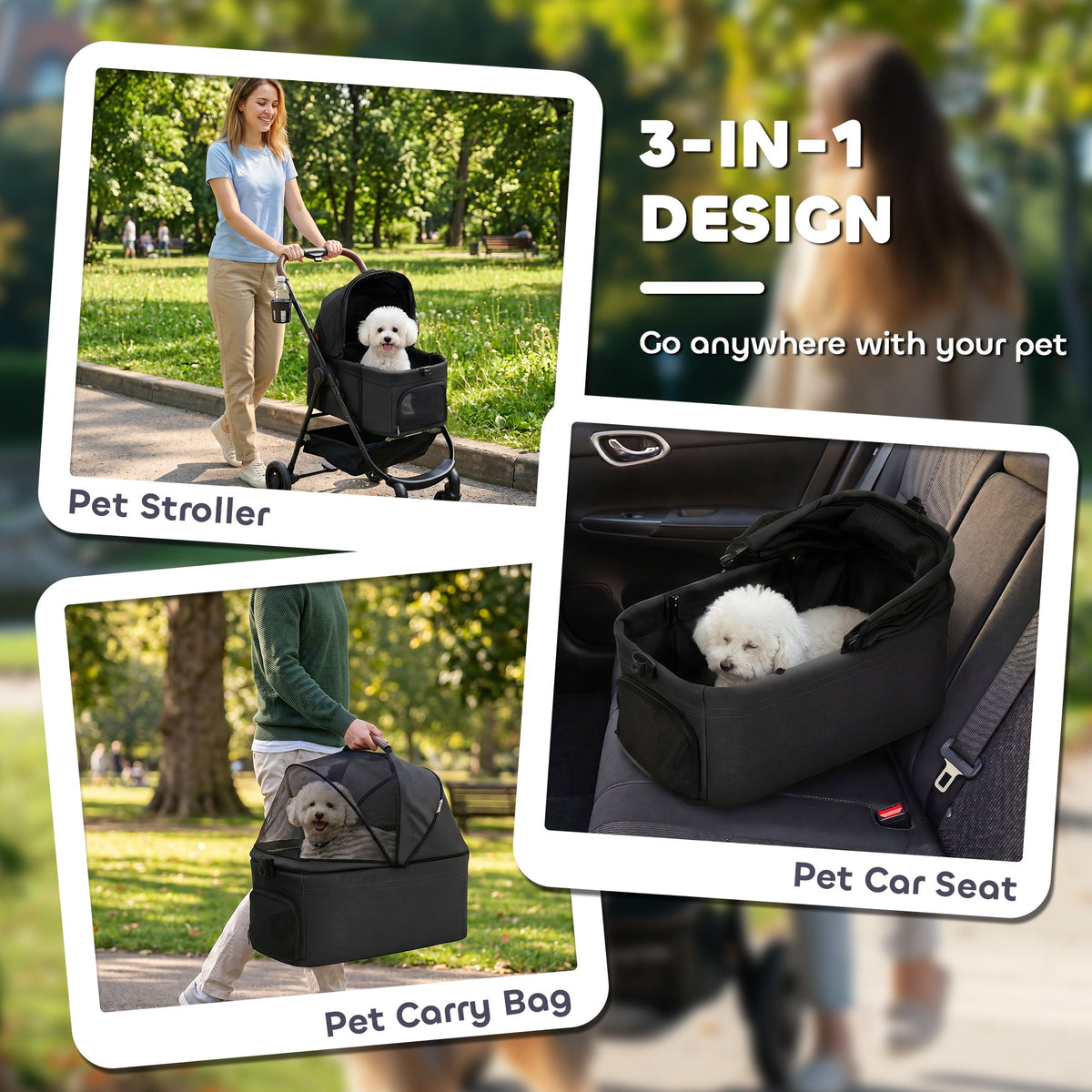 PawHut Dog Stroller, 3 in 1 Foldable Pet Stroller for Small Puppy Cat with Detachable Travel Carrier, Storage Basket, Black