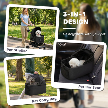 PawHut Dog Stroller, 3 in 1 Foldable Pet Stroller for Small Puppy Cat with Detachable Travel Carrier, Storage Basket, Black