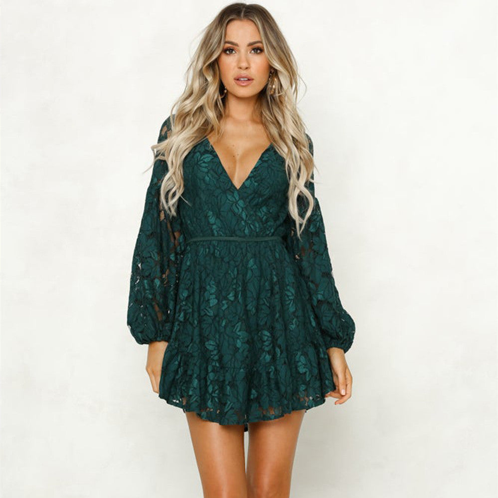 Backless V-neck Lantern Sleeve Lace Dress