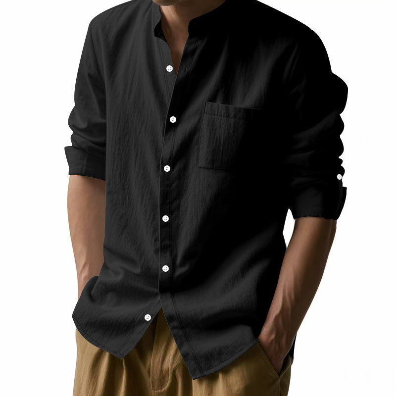 Long Sleeve Stand Collar Shirt With Pockets Casual Men's Clothing
