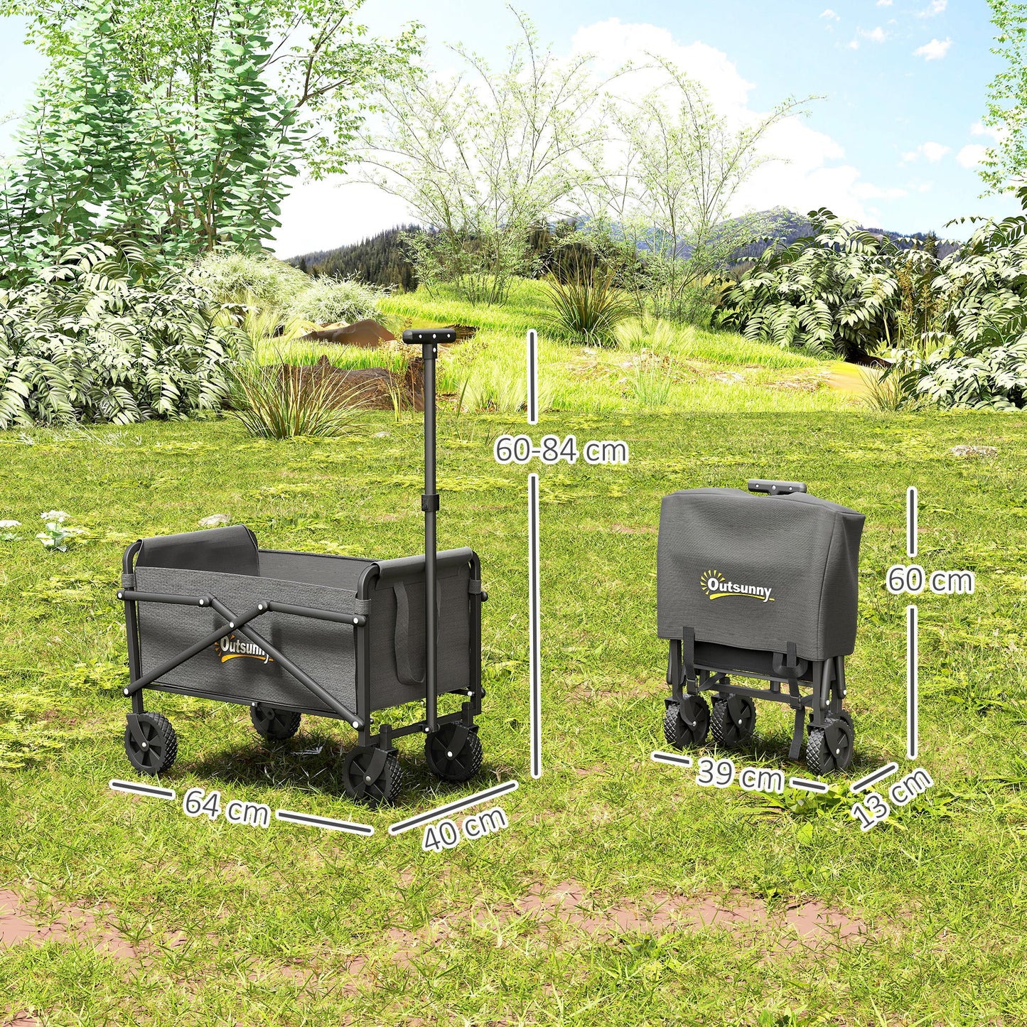 Outsunny 41L Festival Trolley on Wheels, Small Garden Folding Trolley Cart, 60kg Heavy Duty Collapsible Folding Wagon with Adjustable Handle and Carrying Bag for Beach, Camping, Festival, Grey