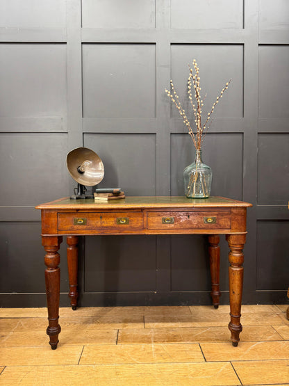 Antique Mahogany Writing Desk Leather Top Two Drawer Side Table Desk