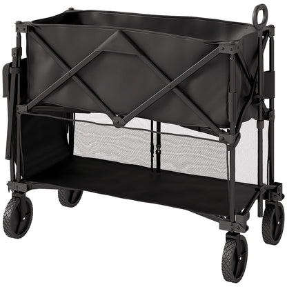 Outsunny Double Decker Folding Trolley on Wheels, 200KG & 350L Capacity Collapsible Wagon Festival Trolley Cart with 134cm Extended for Camping Sports Shopping Garden and Beach, Black