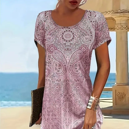 Trendy Design Print Colorful Round Neck Dress Women