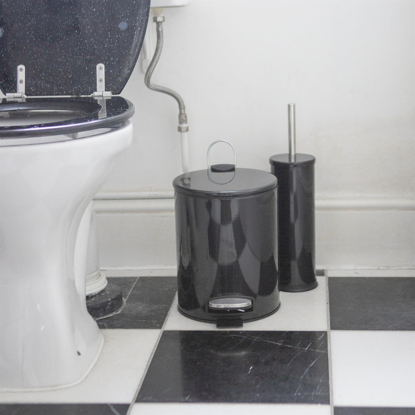 2pc 5L Black Round Stainless Steel Pedal Bin & Toilet Brush Set