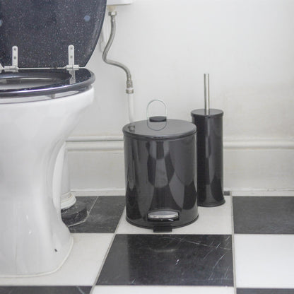 2pc 5L Black Round Stainless Steel Pedal Bin & Toilet Brush Set