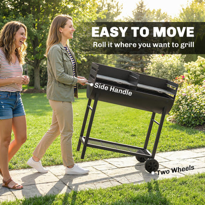 Outsunny Charcoal Barbecue Grill with 2 Cooking Areas, Portable BBQ Trolley with Wheels, Height Adjustable Grates, Bottom Shelf