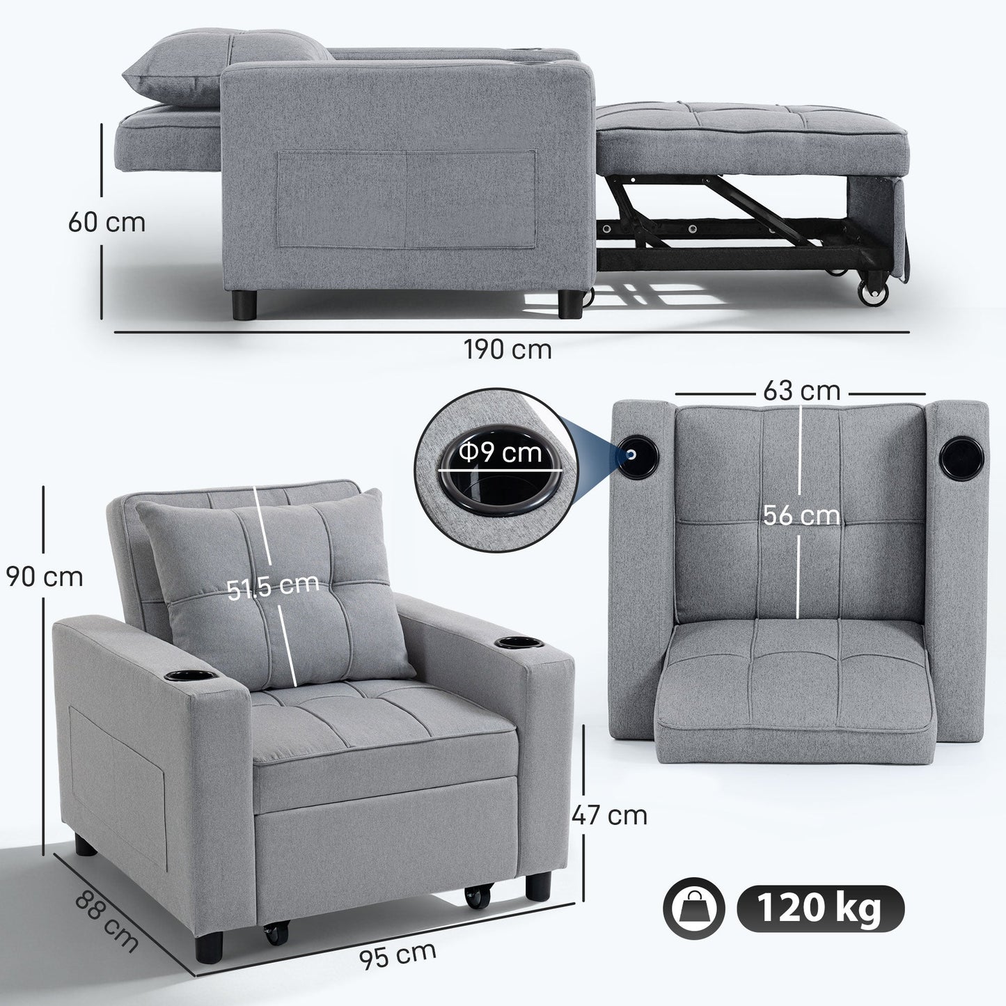 HOMCOM 3-in-1 Single Sofa Bed, Convertible Sleeper Chair Bed - Light Grey