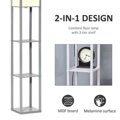 HOMCOM 3-Tier Floor Lamp, Floor Light with Storage Shelf, Reading Standing Lamp with Acrylic Shade for Living Room, Bedroom, Kitchen, Dining Room, Office, Dorm, 160cm, Grey