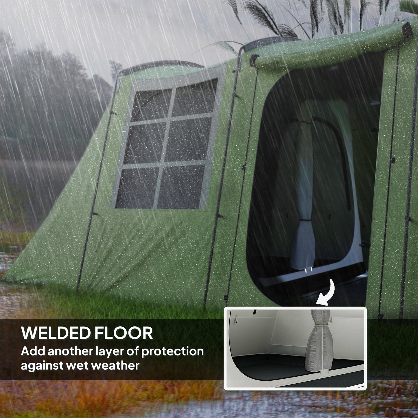 Outsunny 3-4 Man Tunnel Tent, Family Camping Tent with Porch, Bedroom and Living Area, Sewn in Groundsheet, 3000mm Waterproof, Portable with Bag for Hiking, Festival, Backpacking, Green