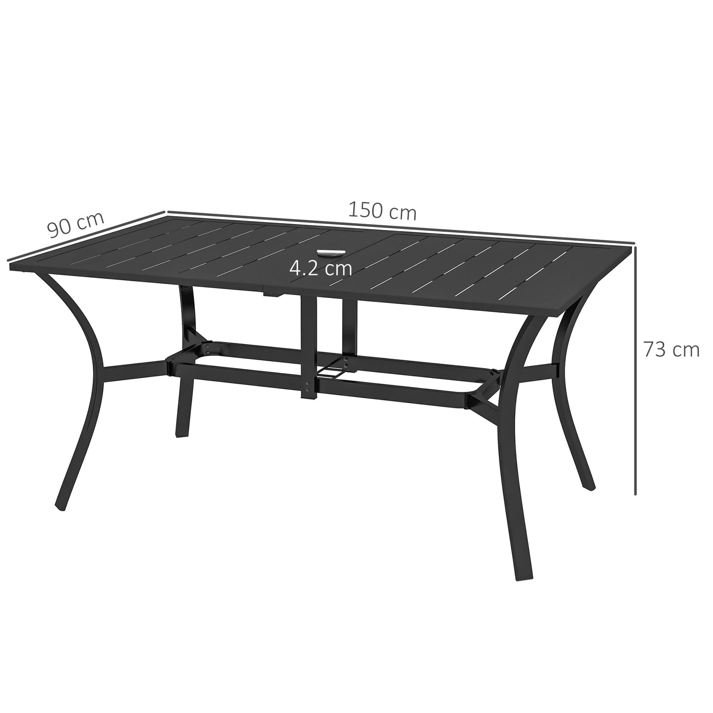 Outsunny Rectangle Garden Dining Table with Parasol Hole, Patio Table with Steel Frame and Slat Tabletop, 150cm x 90cm, Black