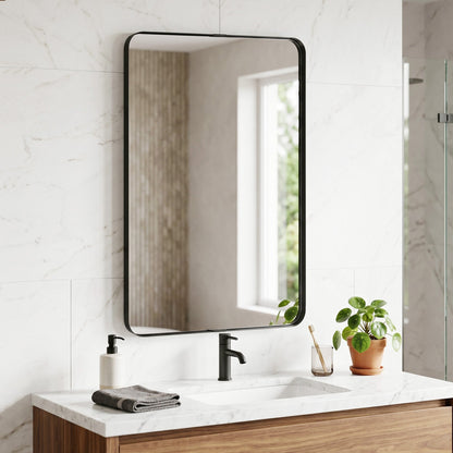 HOMCOM Rectangular Wall Mirror, 90 x 60 cm Wall Mounted Bathroom Mirror with Aluminium Alloy Frame and Tempered Glass, Black