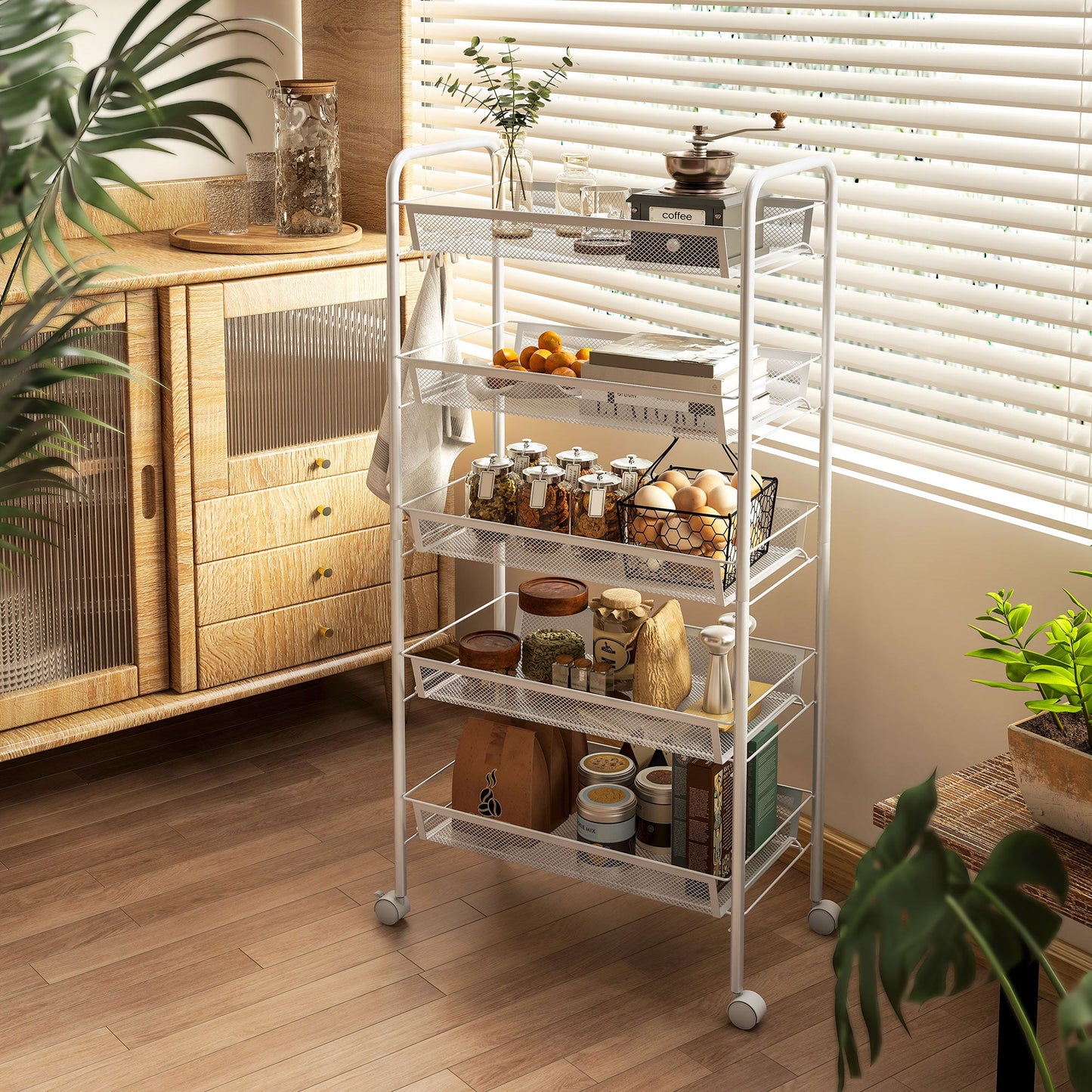 HOMCOM Five-Steel Mesh Basket Storage Trolley, with Wheels - White