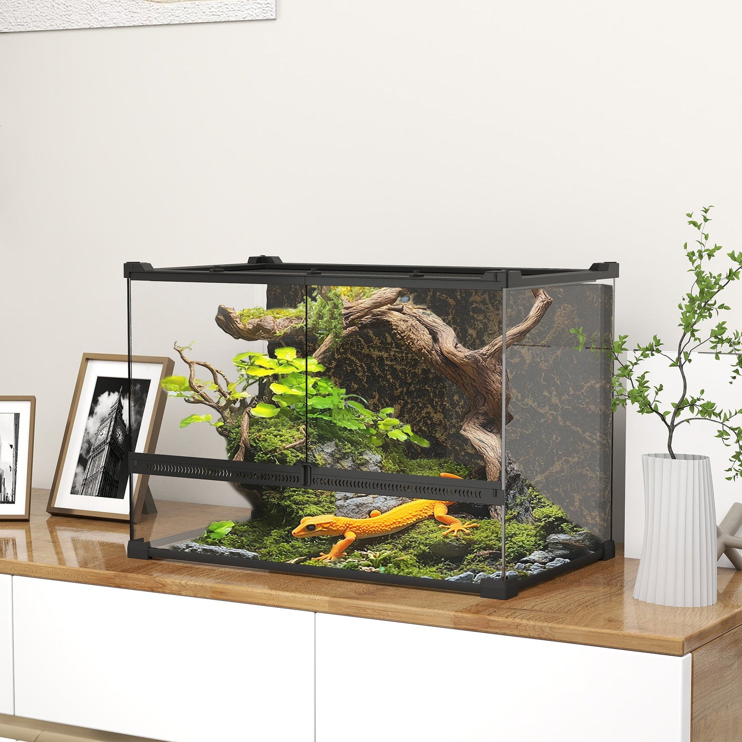 PawHut Reptile Glass Terrarium with Stone Background, Front Ventilation, Escape-Proof Knob Lock, 50 x 30 x 35 cm, Black