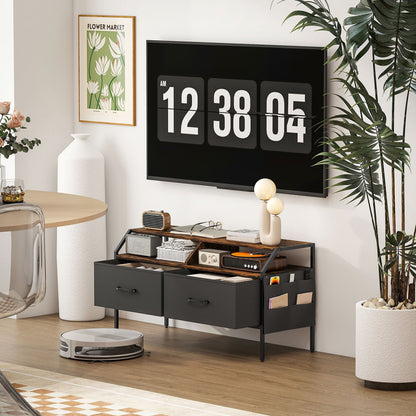 HOMCOM TV Stand Cabinet, TV Unit for 55-inch TVs with 2 Foldable Fabric Drawers, 5 Divided Side Pockets, Open Shelves, Console Table for Living Room, Bedroom, Entertainment Room, Rustic Brown
