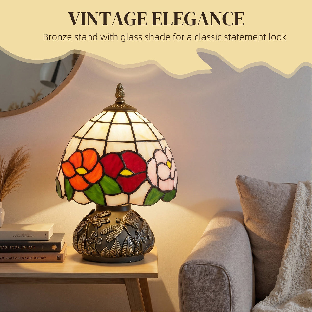 HOMCOM Handcrafted Classic Stained Glass Bedside Lamp, Tiffany-Style Table Lamp with Sculpted Dragonfly Base, Multi-Coloured