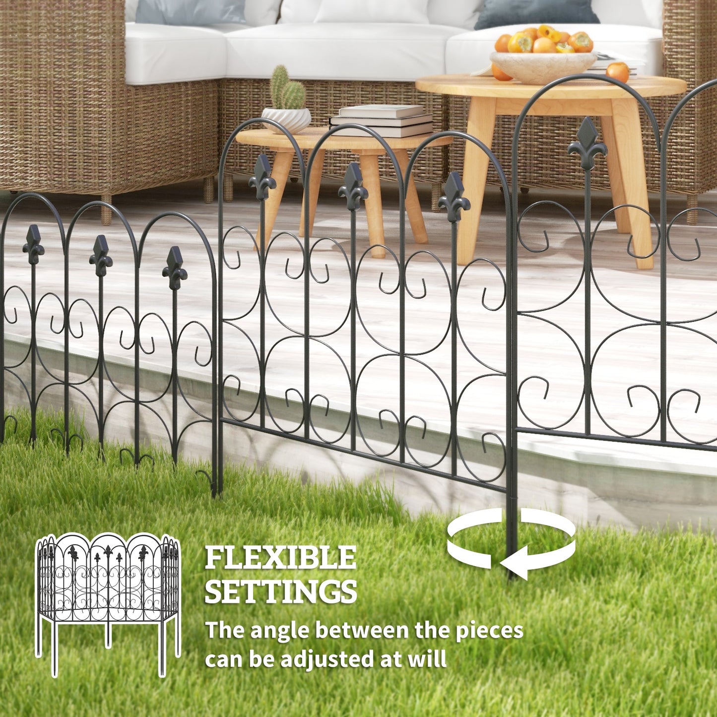 Outsunny Decorative Garden Fencing, 5PCs Outdoor Picket Fence Panels, Rustproof Metal Wire Landscape Flower Bed Border Edging Animal Barrier, Black