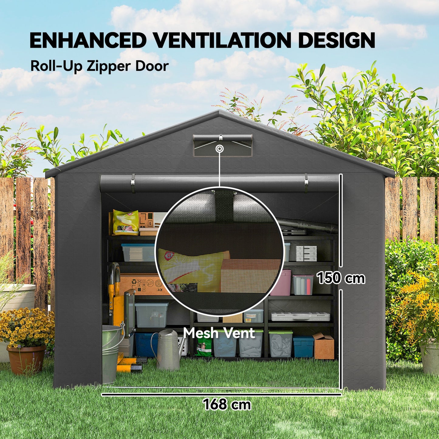 Outsunny 8 x 6 ft Outdoor Garden Storage Shed, Waterproof Bike Tent with Roll-Up Zipper Door, Dark Grey