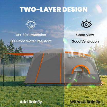 Outsunny 4-6 Man Camping Tent, Double Layer Tunnel Tent with Porch, Living Area and 2 Bedrooms, Sewn in Groundsheet
