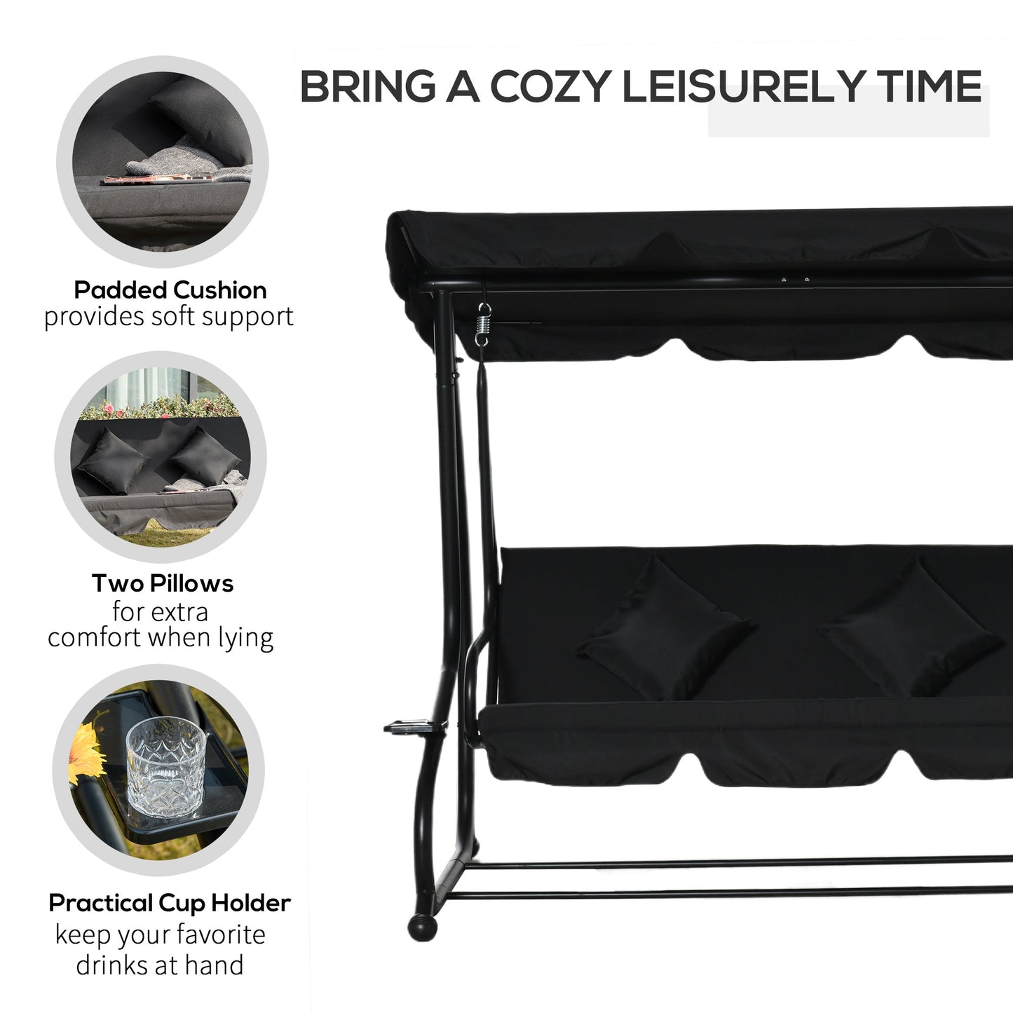 Outsunny Three-Seater Garden Swing Bed - Black