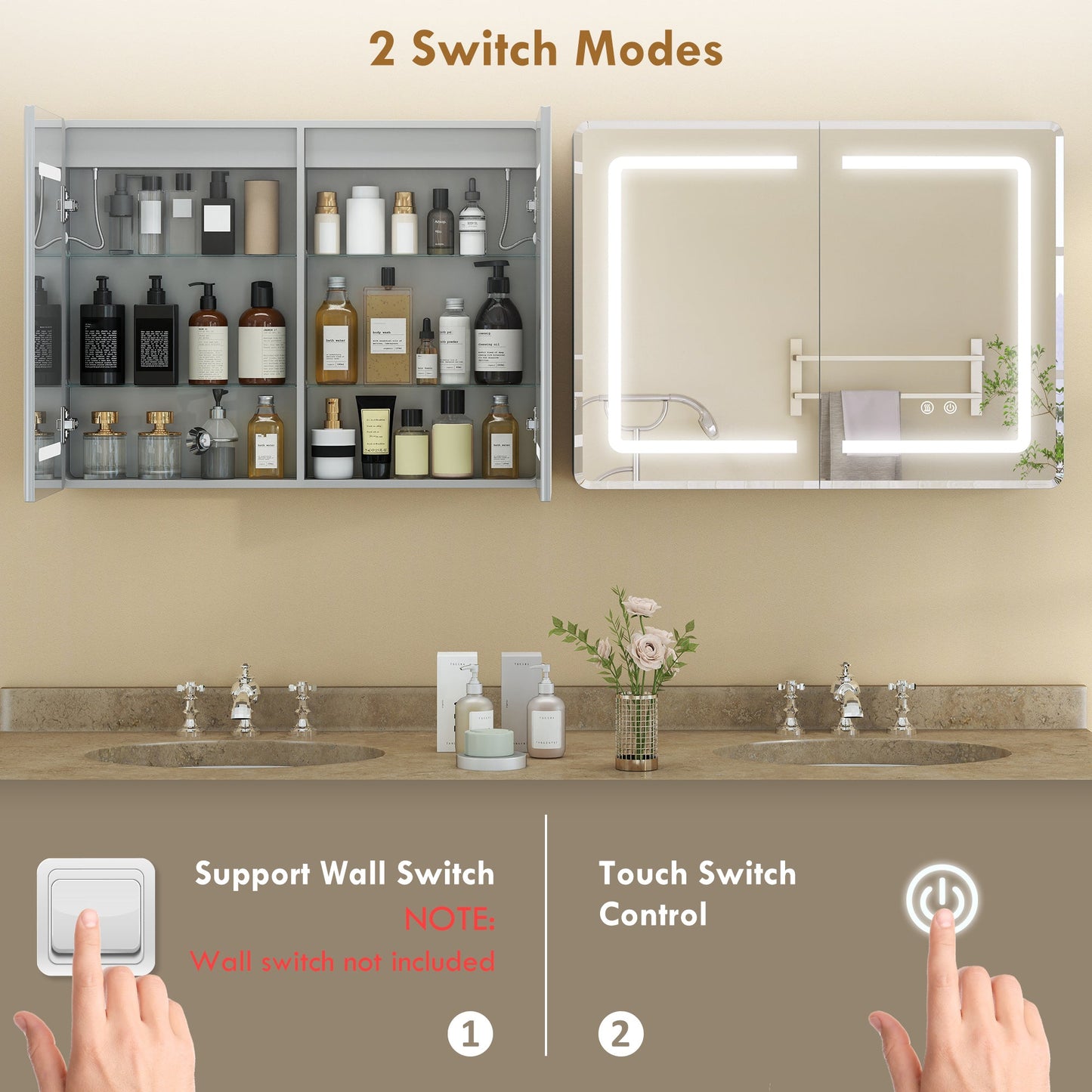 HOMCOM Mirrored Bathroom Cabinet with LED Lights, 60 x 80 cm Bathroom Mirror Cabinet with Anti-Fog, 3 Colour Dimmable Lighting