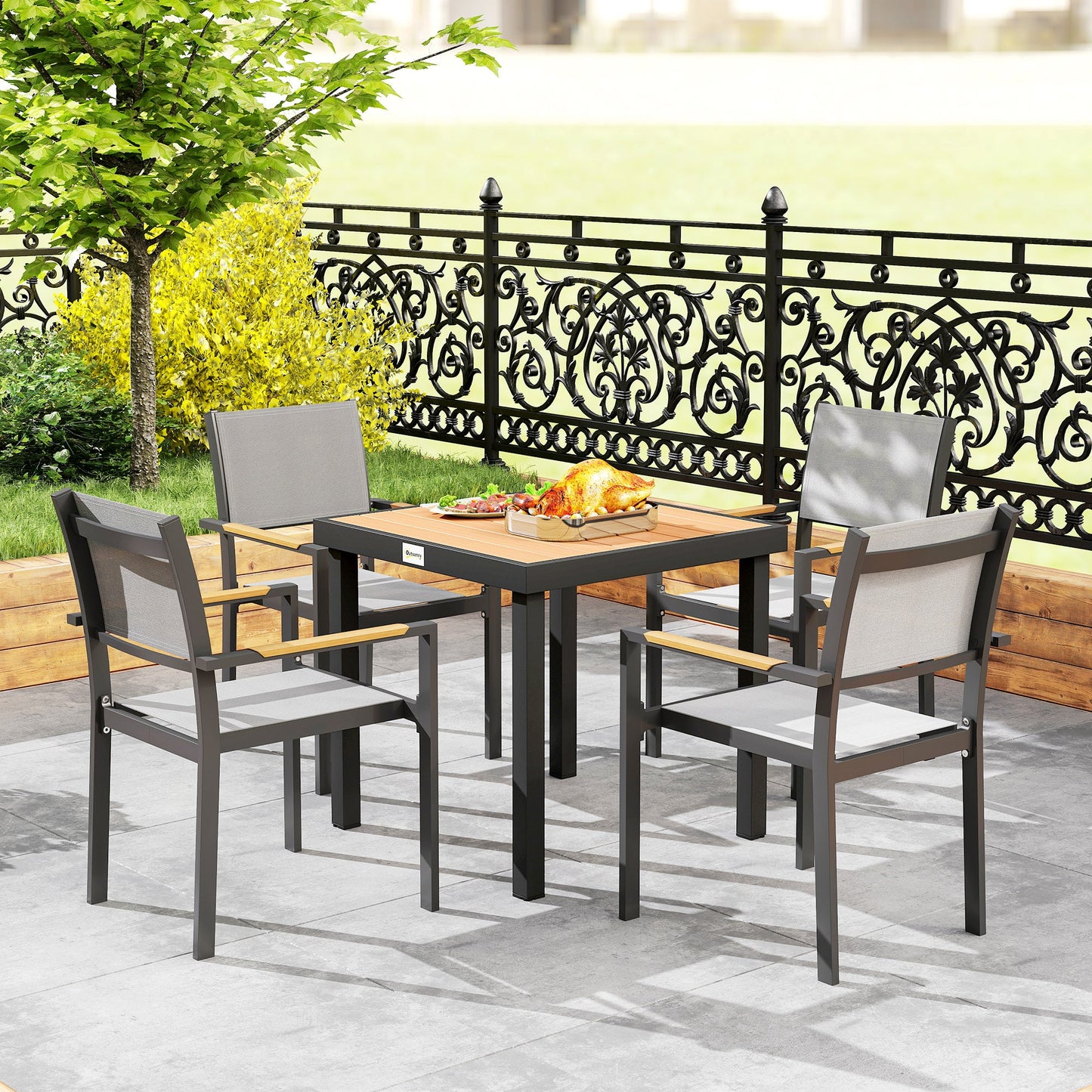Outsunny 78 cm Garden Dining Table for 4 People, Square Outdoor Coffee End Side Table with Aluminium Legs, Natural Wood Finish