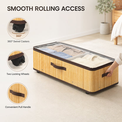 HOMCOM 60L Under Bed Storage with Wheels Pack of 2, Underbed Storage Box with Clear Lid Cover and Reinforced Handle, Natural