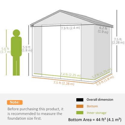 Outsunny 8 x 6ft Garden Shed Storage w/ Foundation Kit, Vents, Light Grey