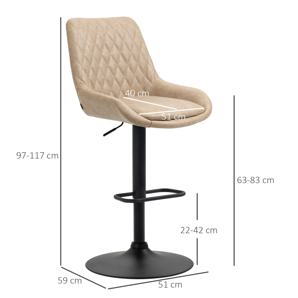 HOMCOM Bar Stools Set of 2, Adjustable Bar Chairs 360° Swivel for Kitchen Khaki