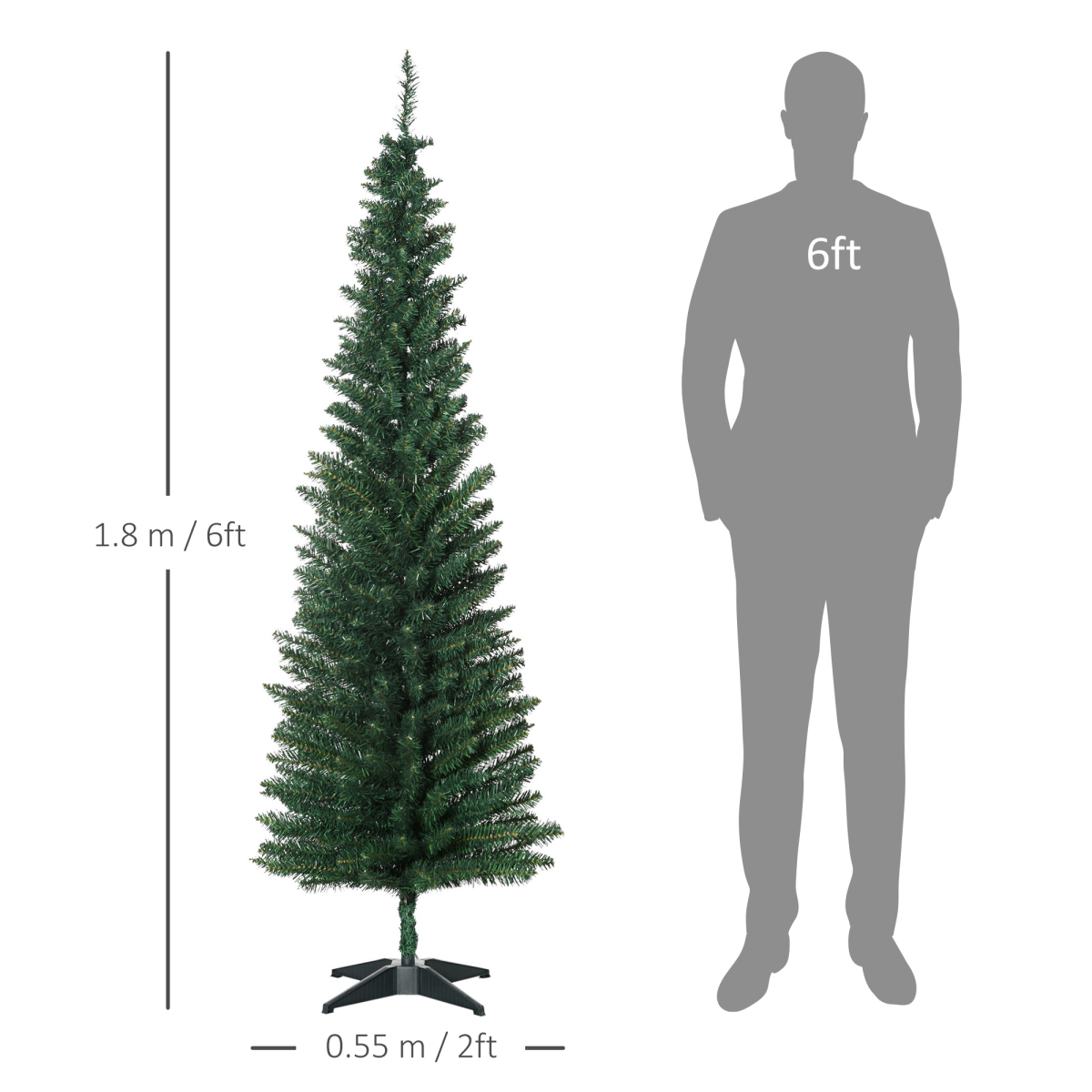 1.8m 6ft Artificial Pine Pencil Slim Tall Christmas Tree with 390 Branch Tips