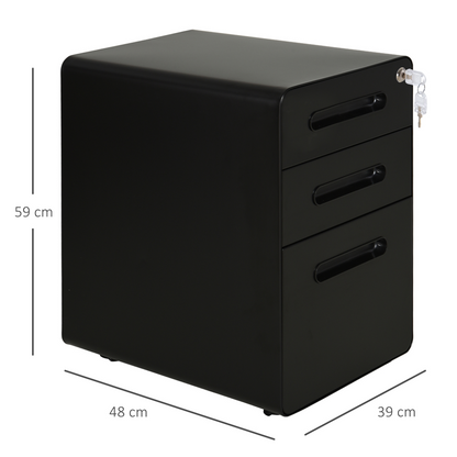 3 Draw Modern Steel Filing Cabinet w/ 4 Wheels Lock Pencil Box Black Vinsetto