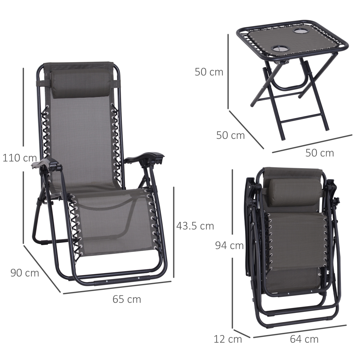 3PC Zero Gravity Chairs Sun Lounger Table Set Cup Holders Dark Grey Outsunny