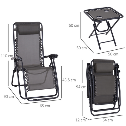 3PC Zero Gravity Chairs Sun Lounger Table Set Cup Holders Dark Grey Outsunny