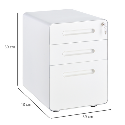3 Draw Modern Steel Filing Cabinet w/ 4 Wheels Lock Pencil Box White Vinsetto