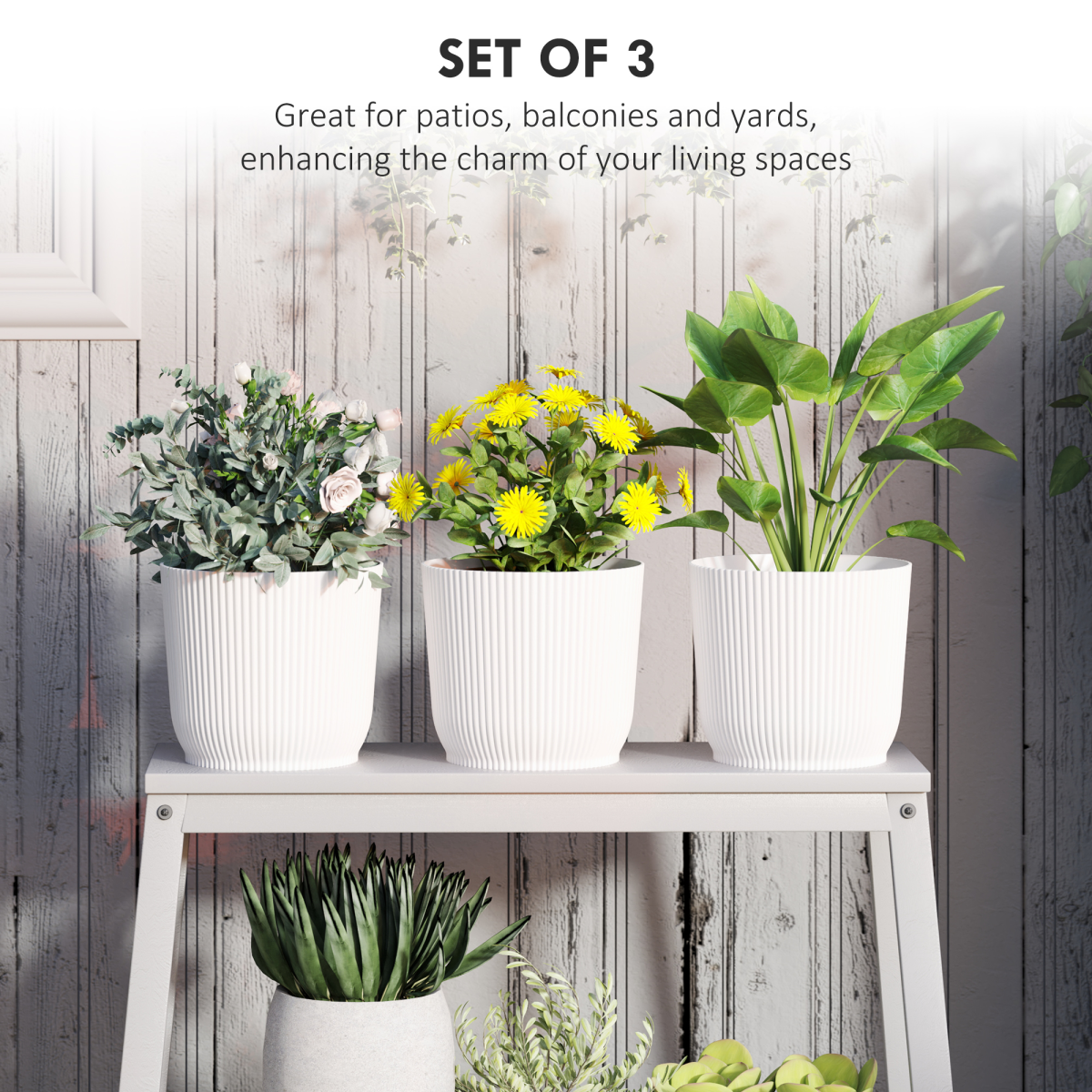 Outsunny Set of 3 Round Plant Pots Outdoor 22cm for Garden, White