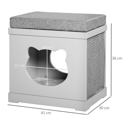 Cat House Bed Kitten Cave Cube Indoor w/ Soft Cushion Sisal Scratching Pad, Grey