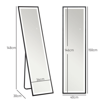 HOMCOM 150 x 40cm Full Length Mirror w/ Adjustable Lights Metal Frame Black