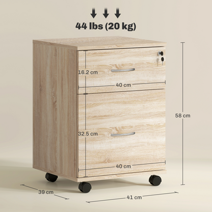 HOMCOM Pedestal Office Mobile Filing Cabinet 2 Drawer Wooden Storage Oak