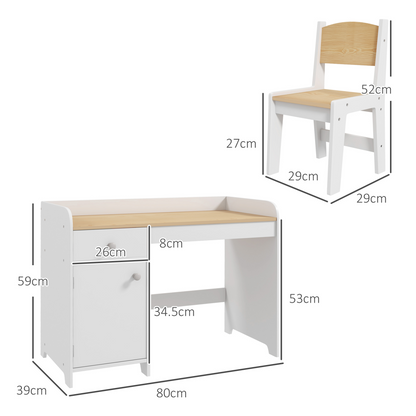 ZONEKIZ Kids Desk and Chair Set for 3-6 Year Old with Storage Drawer, White
