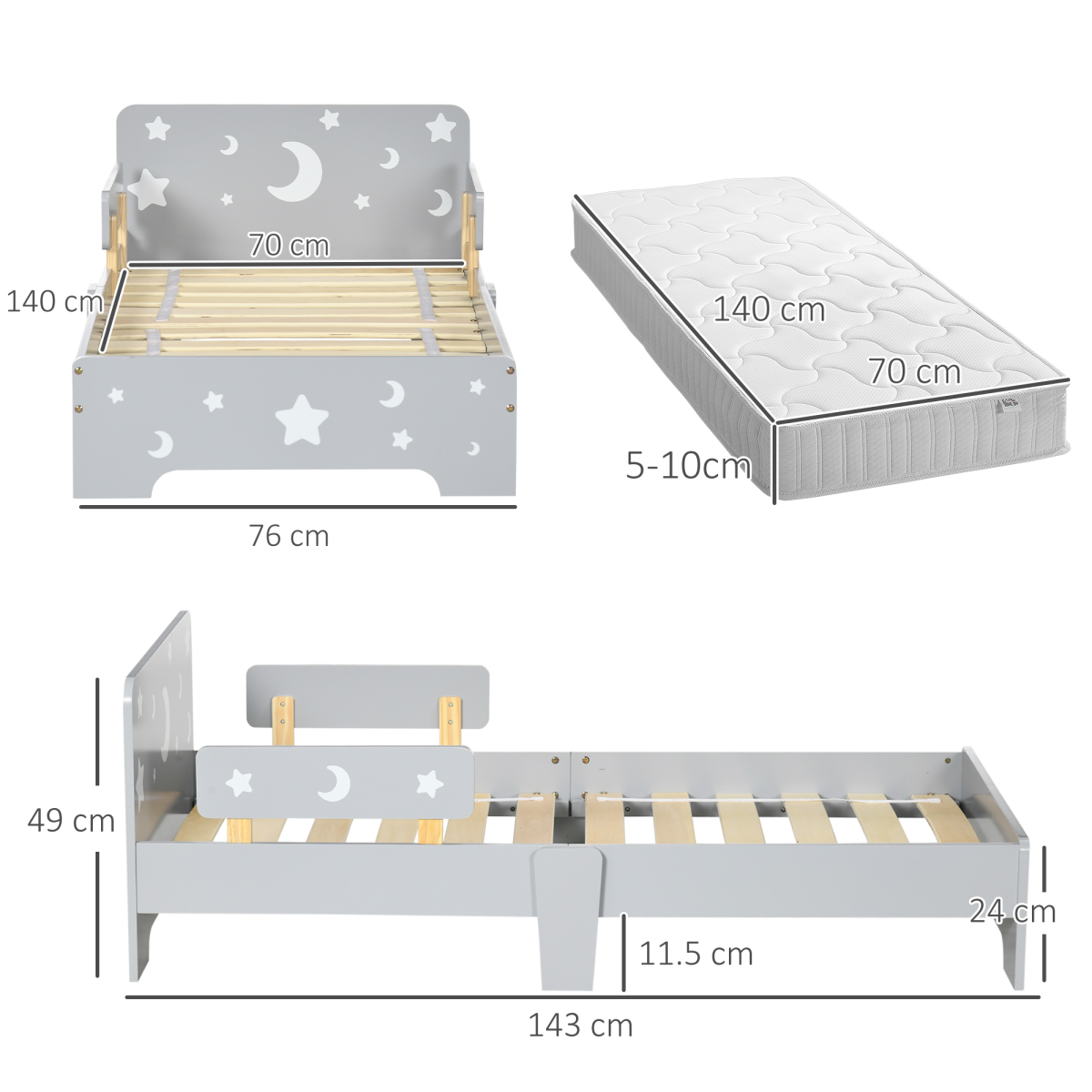 Kids Toddler Bed w/ Star and Moon Patterns, for Ages 3-6 Years - Grey