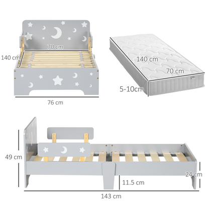 Kids Toddler Bed w/ Star and Moon Patterns, for Ages 3-6 Years - Grey