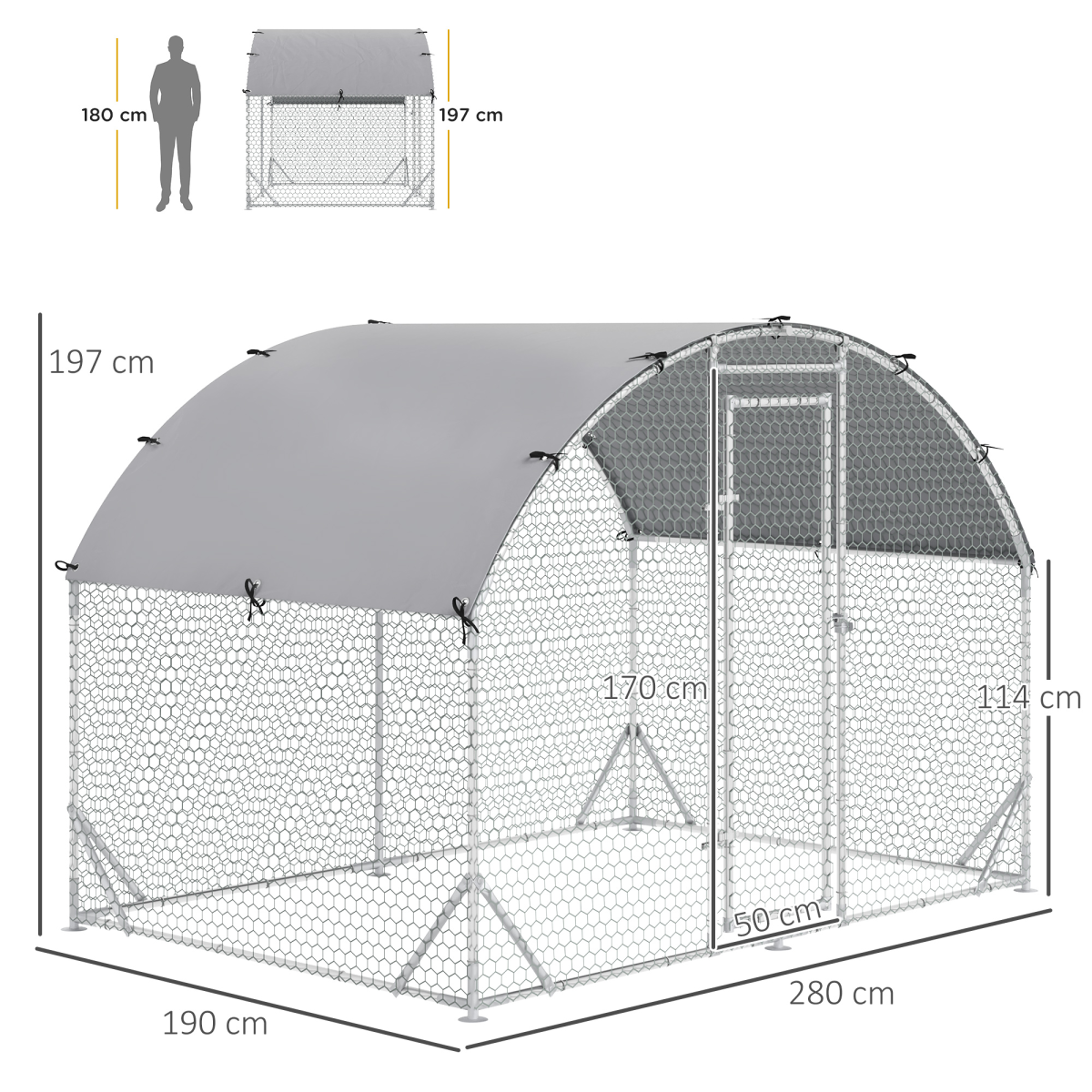 Chicken Run One Room Galvanised Chicken Coop Hen House w/ Cover 2.8 x 1.9 x 2m