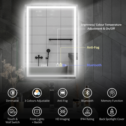 HOMCOM 500 x 700 mm Bathroom Mirror with Bluetooth Clock Lights Demister Pad
