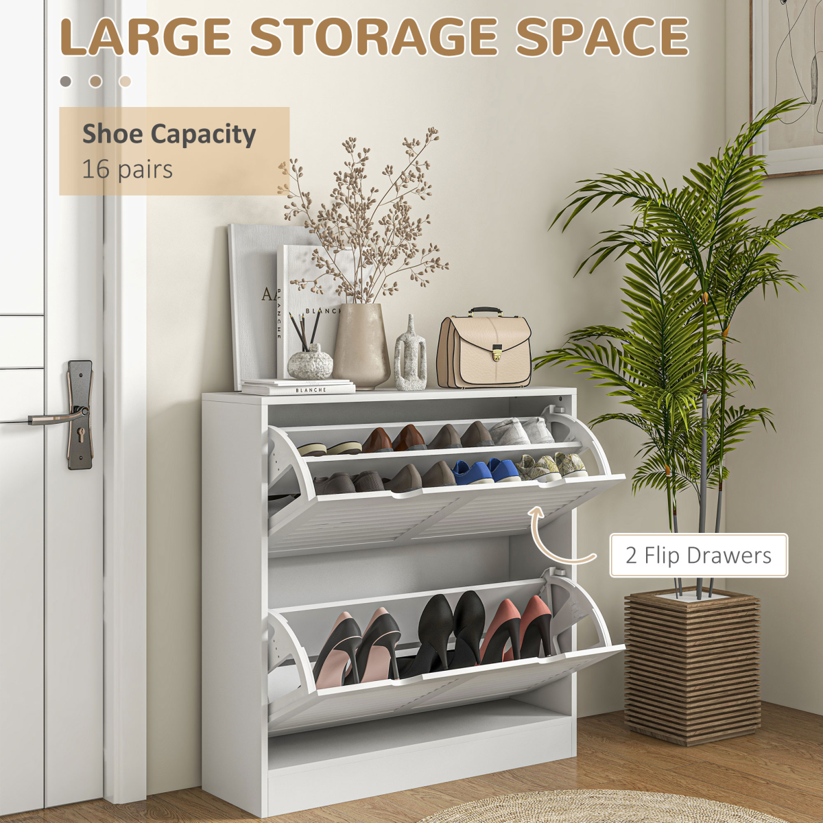 HOMCOM Slim Shoe Storage Cabinet with 2 Flip Drawers for Entryway, White