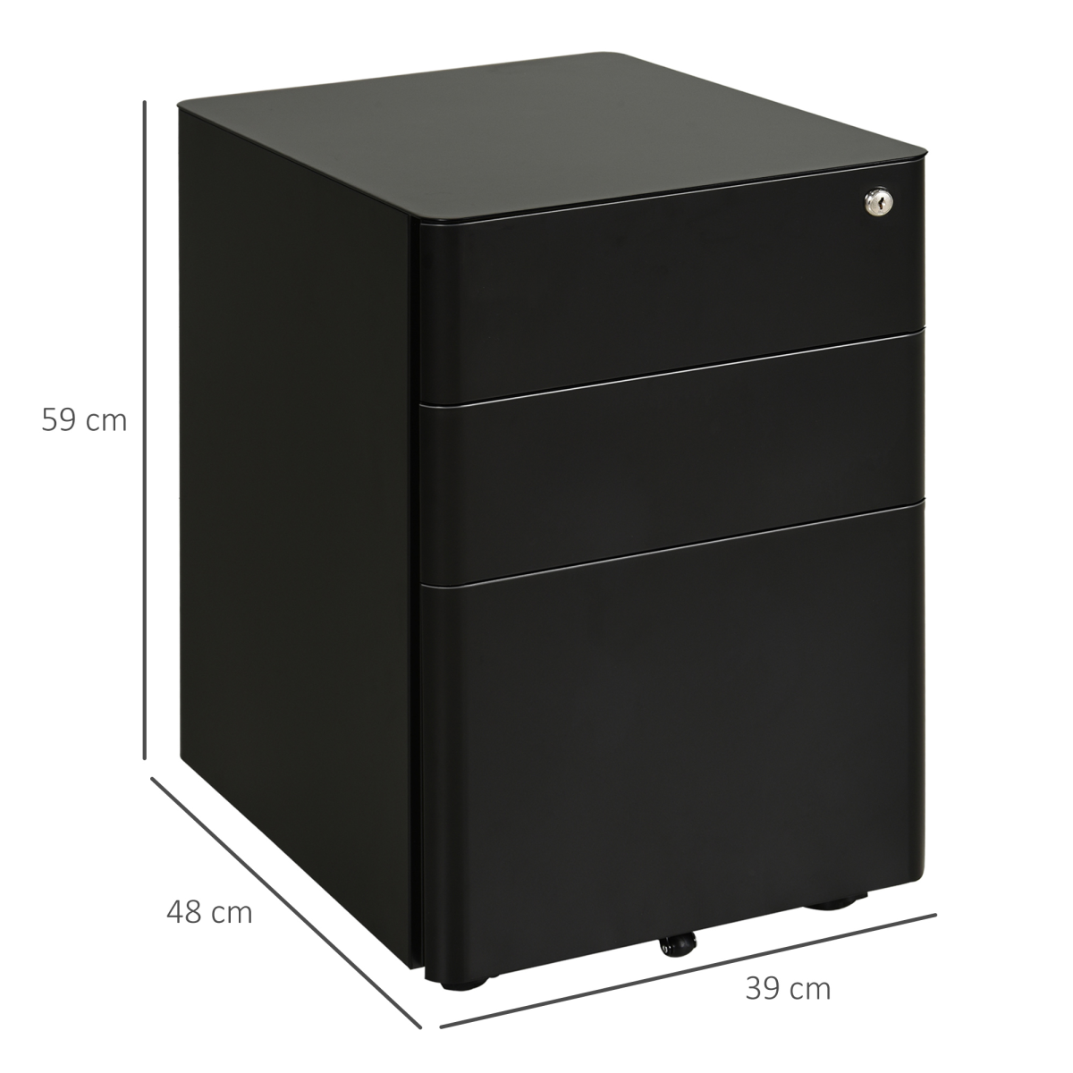3 Draw Metal Filing Cabinet Lockable 4 Wheel Compact Under Desk Black Vinsetto