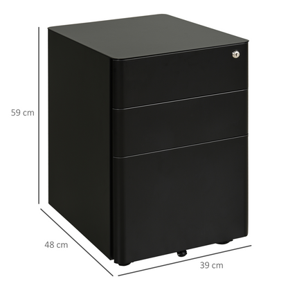 3 Draw Metal Filing Cabinet Lockable 4 Wheel Compact Under Desk Black Vinsetto