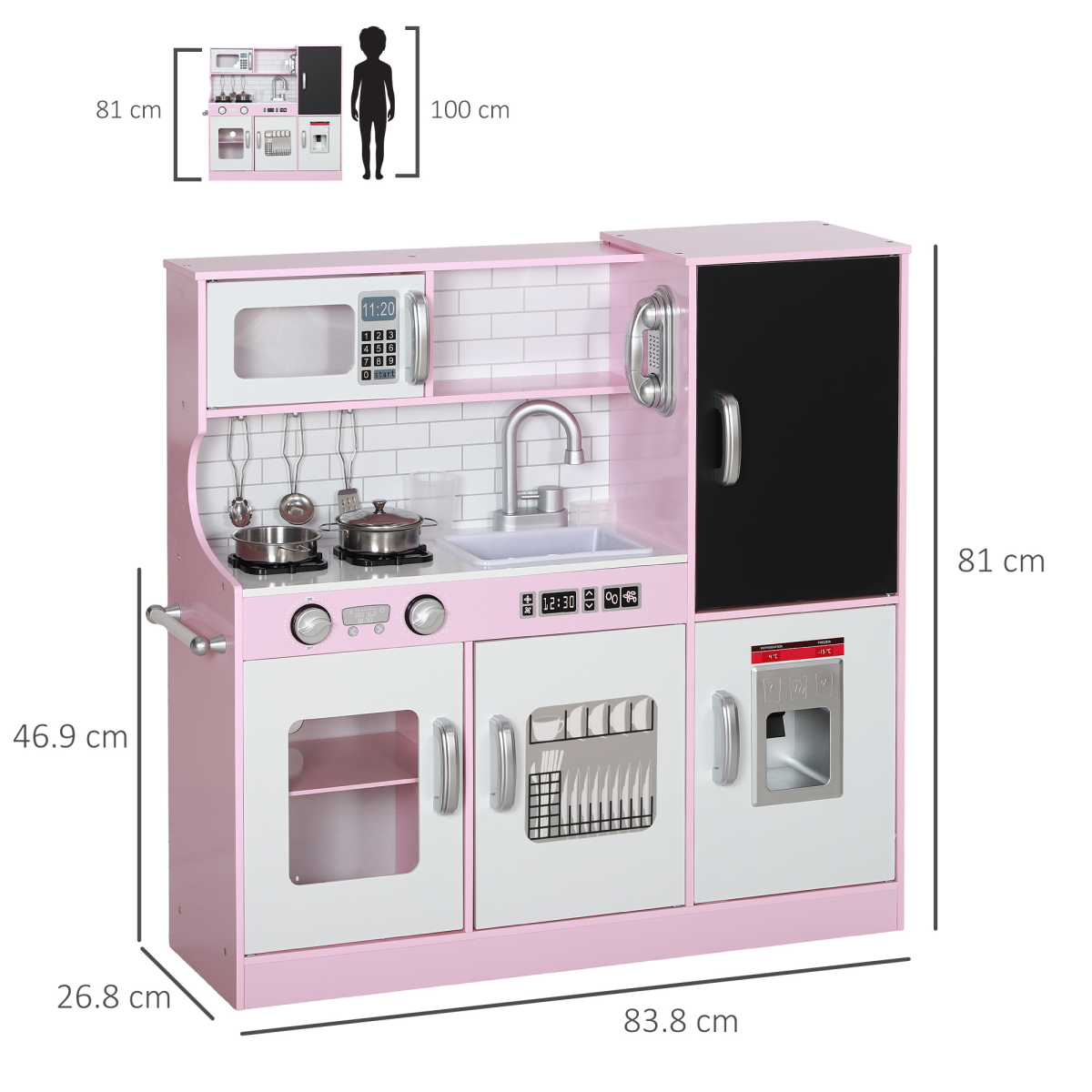 AIYAPLAY Play Kitchen, Pretend Toy Kitchen w/ Toy Phone, Chalkboard, Sink