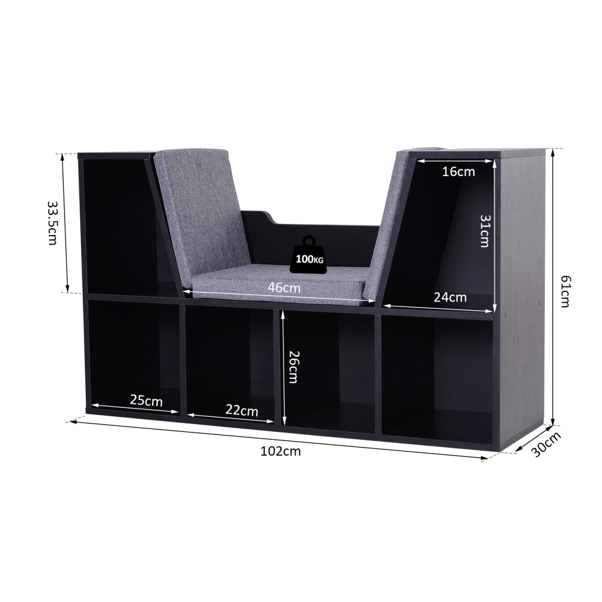Sideboard Bookcase Storage Reading Seat w/Cushion Unit Kids Children Black