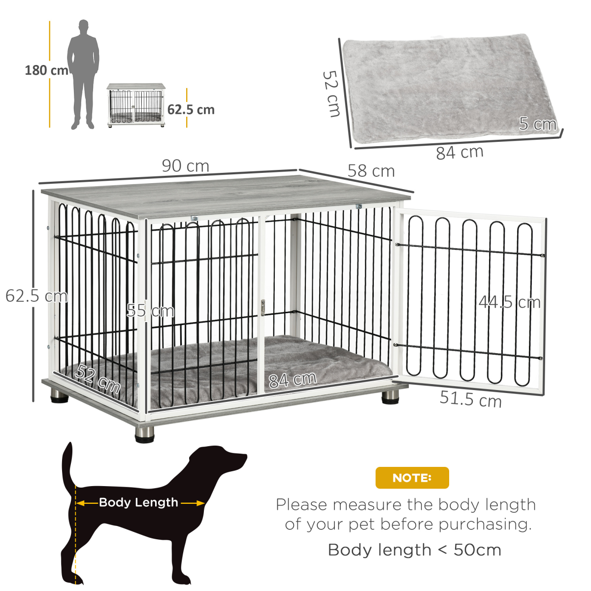 PawHut Dog Crate Furniture End Table w/ Soft Washable Cushion, Lockable Door