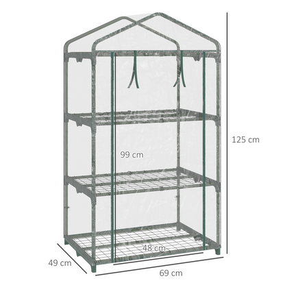 3 Tier Mini Greenhouse Roll Up Door Wire Shelves, 69x49x125cm, Clear